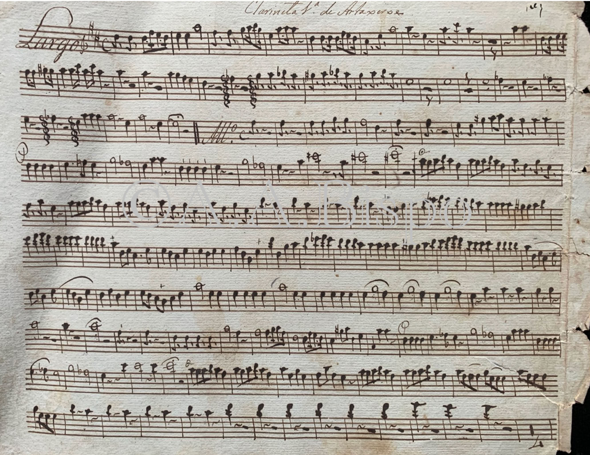 Parte de larineta da Abertura Artarxes de Marcos A. F. Portugal. Manscrito do vale do Paraiba, levantado na década de 1960 por A.A.Bispo. Acervo A.A.Bispo. Copyright